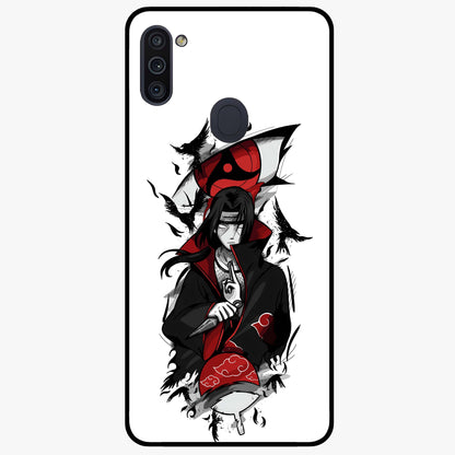 Itachi Sharingan Glass Case showing flat back view with powerful anime eye artwork and glossy glass finish.