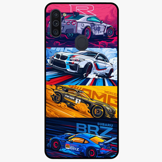 JDM Sports Car Glass Case showing flat back view with high performance sports car artwork and glossy glass finish.