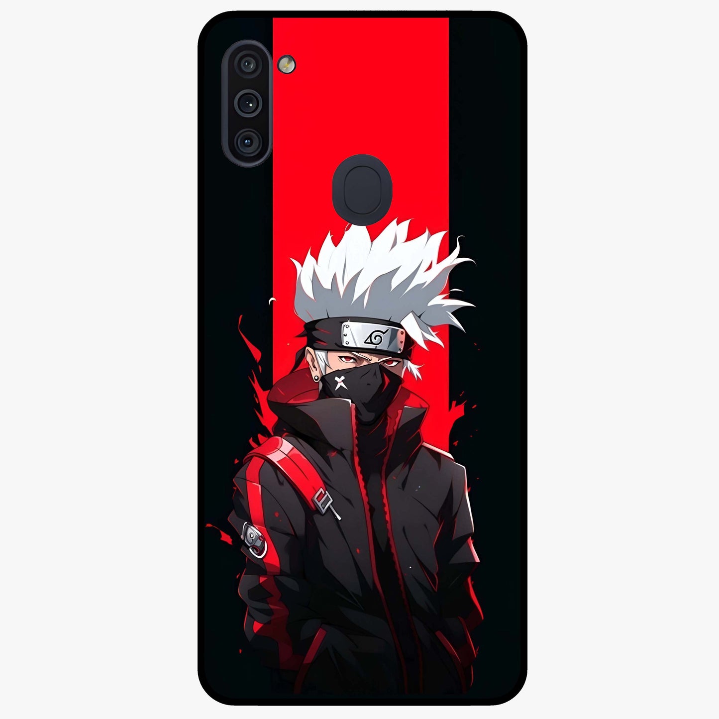 Kakashi Scarlet Shadow Glass Case showing flat back view with powerful anime ninja artwork and glossy glass finish.