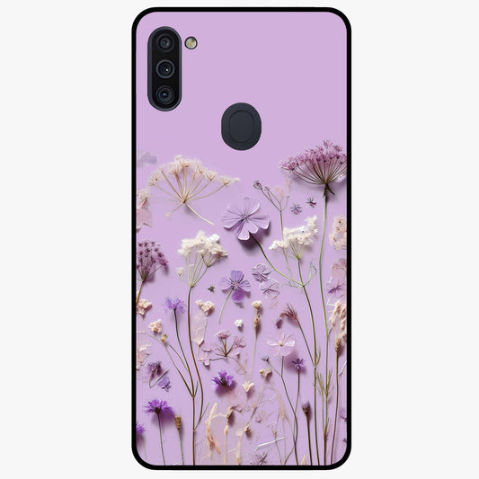 Lavender Blossom Dream Glass Case showing flat back view with soft lavender floral artwork and glossy glass finish.