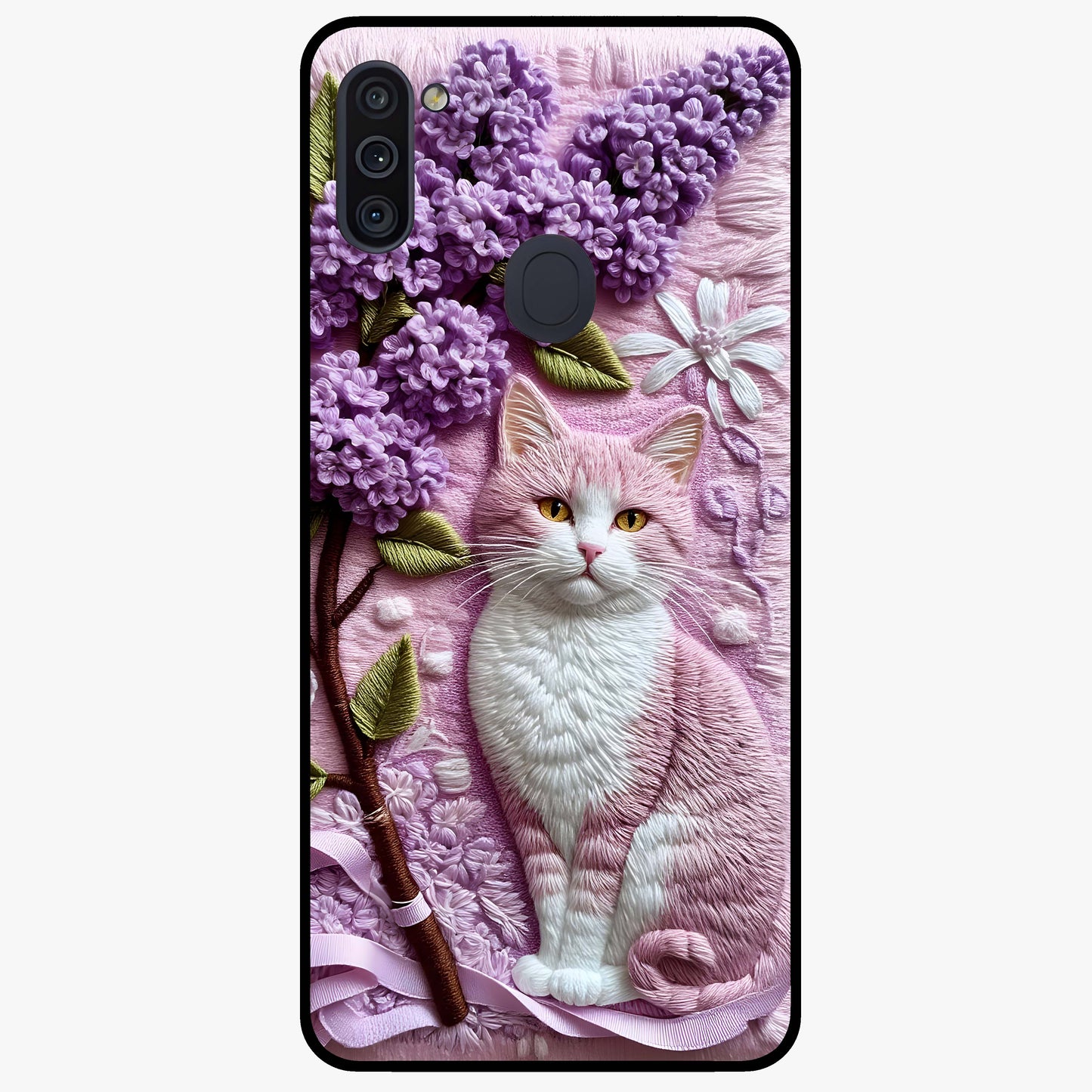 Lavender Cat Whimsy Glass Case showing flat back view with cute lavender cat artwork and glossy glass finish.