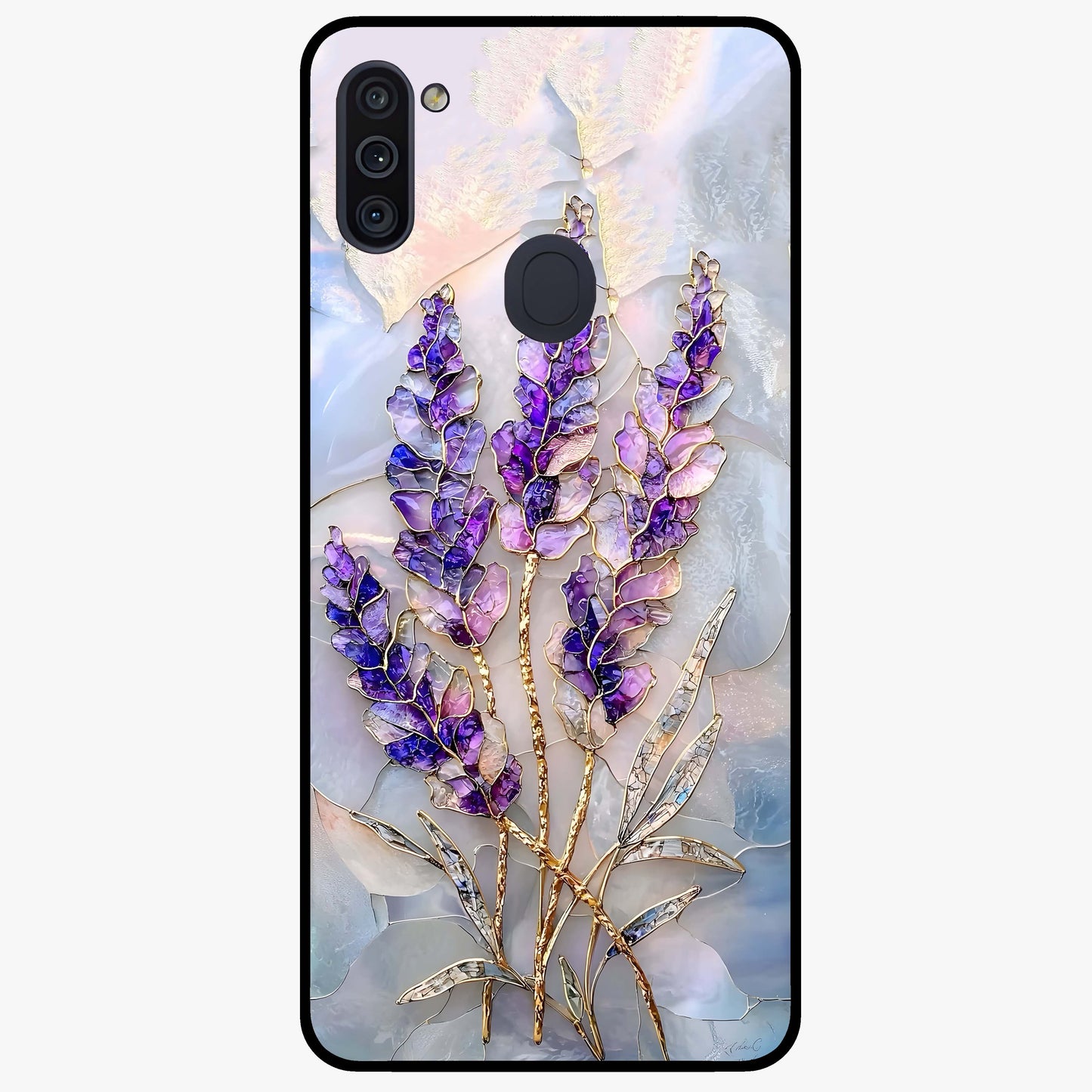 Lavender Dream Glow Glass Case showing flat back view with glowing lavender aesthetic artwork and glossy glass finish.