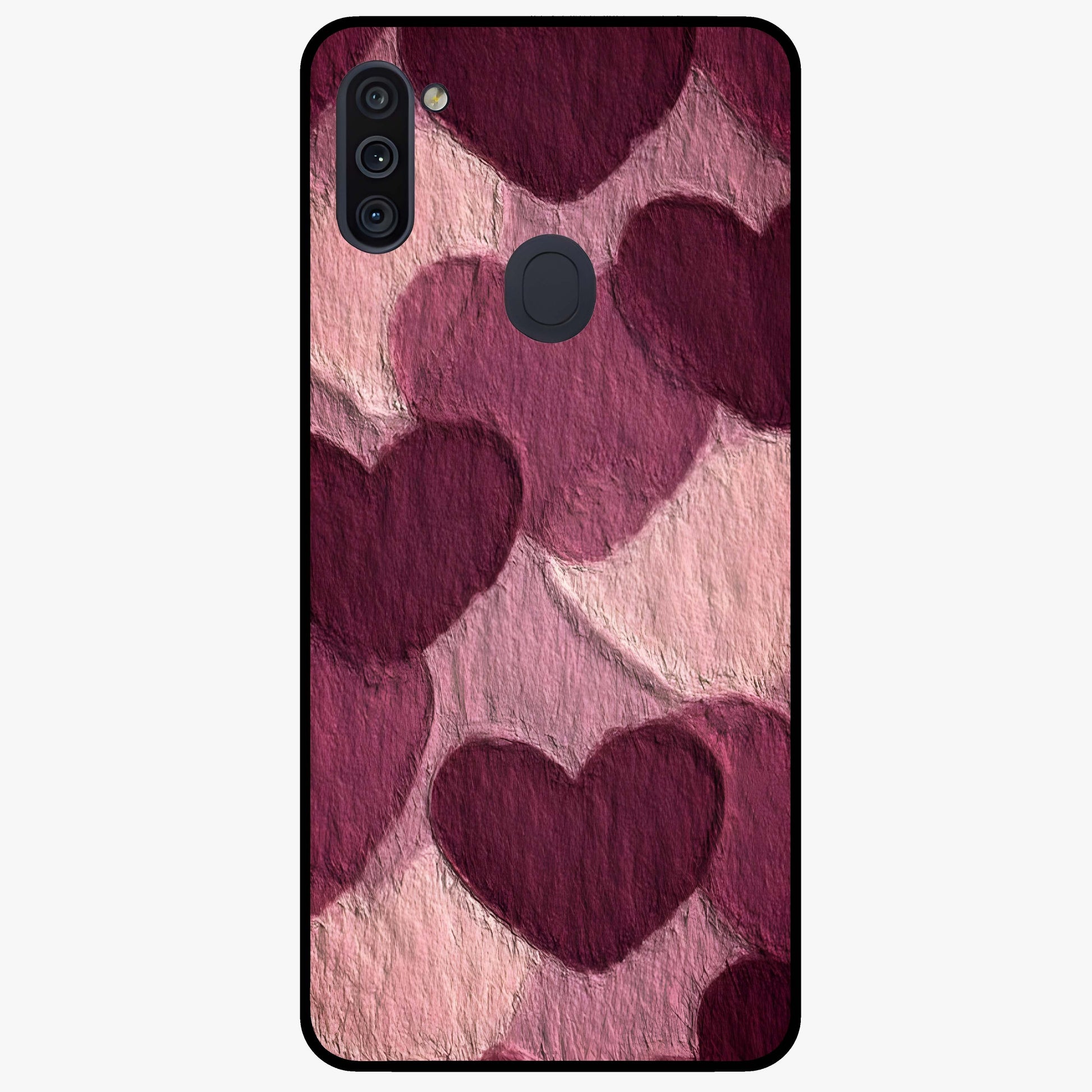 Layered Paper Hearts Glass Case showing flat back view with layered paper heart artwork and glossy glass finish.