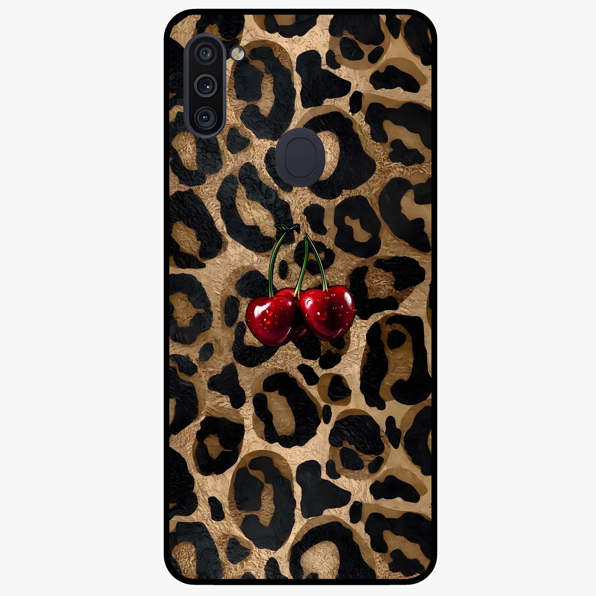 Leopard Wild Cherry Glass Case showing flat back view with leopard pattern and cherry artwork and glossy glass finish.