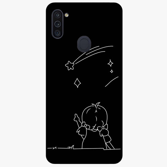 Line Art Girl With Shooting Stars Glass Case showing flat back view with minimal line art girl and shooting stars illustration and glossy glass finish.