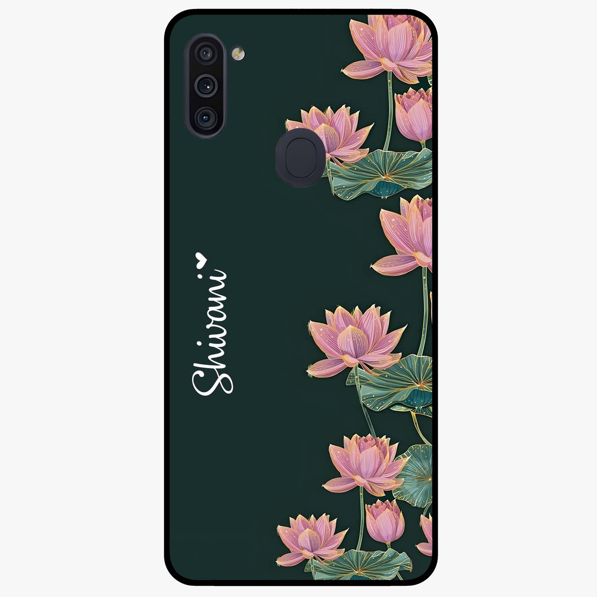 Lotus Bloom Serenity Custom Name Glass Case showing flat back view with elegant lotus flower artwork and personalized name design.