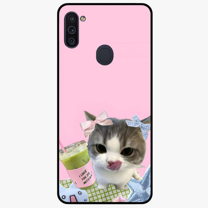 Love Matcha Cat Glass Case showing flat back view with cute cat and matcha themed artwork and glossy glass finish.