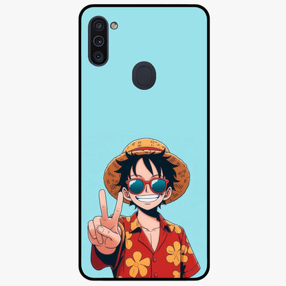 Luffy Summer Anime Vibe Glass Case showing flat back view with vibrant anime character artwork and glossy glass finish.