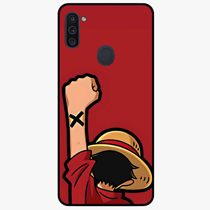 Luffy X Spirit Glass Case showing flat back view with bold anime character artwork and glossy glass finish.