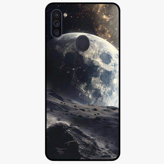 Lunar Horizon Glow Glass Case showing flat back view with glowing moon horizon artwork and glossy glass finish.