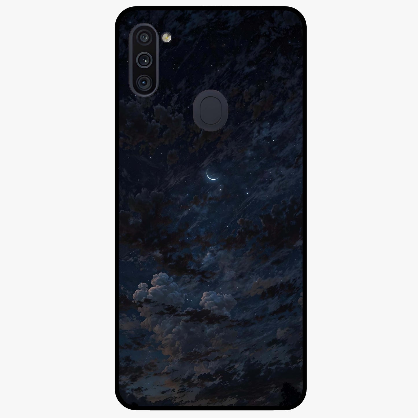 Lunar Veil Silence Glass Case showing flat back view with mystical moon veil artwork and glossy glass finish.
