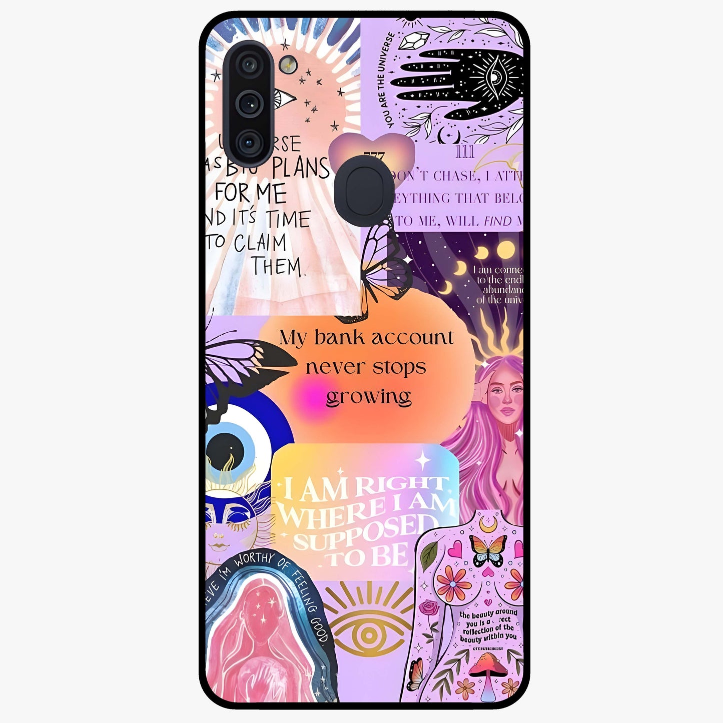 Manifestation Collage Glass Case showing flat back view with motivational collage artwork and glossy glass finish.