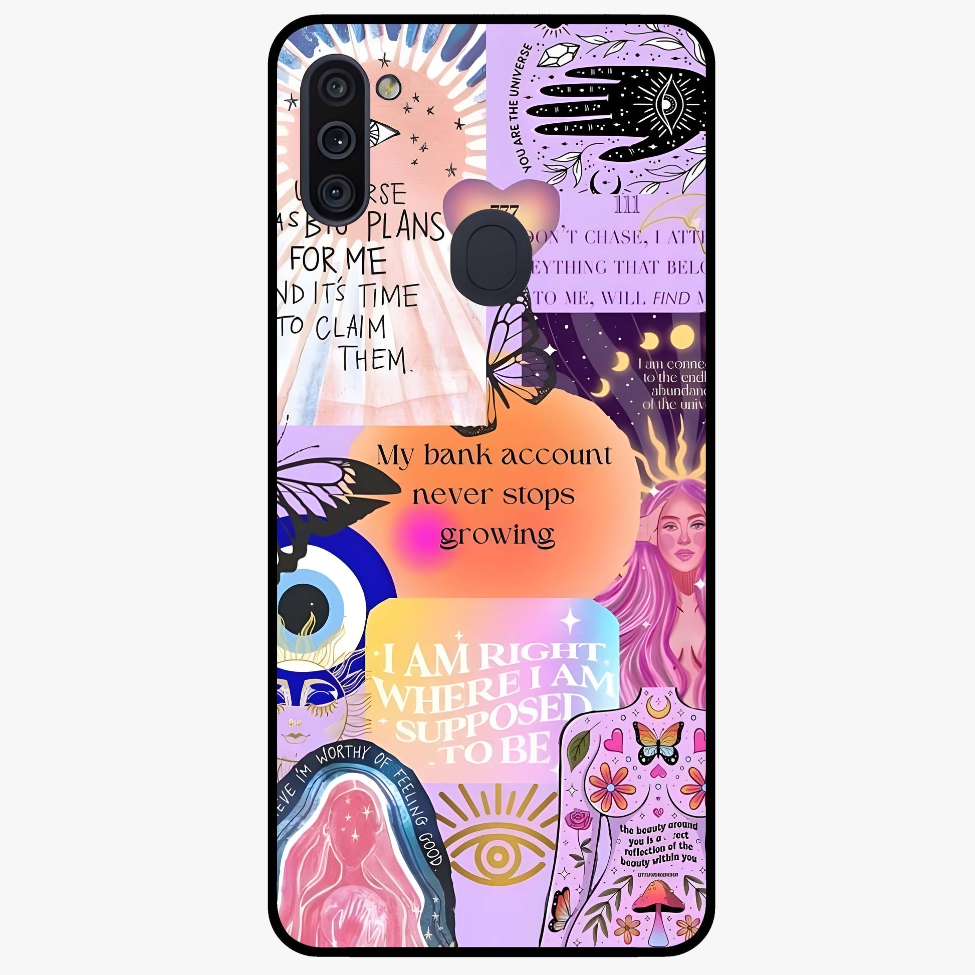 Manifestation Collage Glass Case showing flat back view with motivational collage artwork and glossy glass finish.