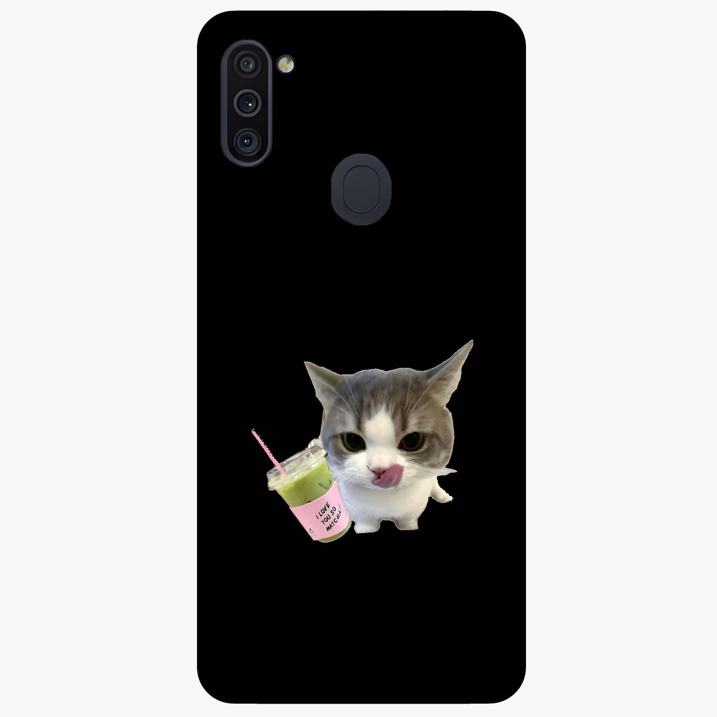 Matcha Cat Style Glass Case showing flat back view with cute matcha themed cat artwork and glossy glass finish.