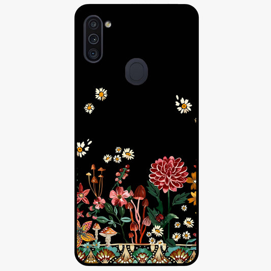 Midnight Bloom Pattern Glass Case showing flat back view with dark floral pattern artwork and glossy glass finish.