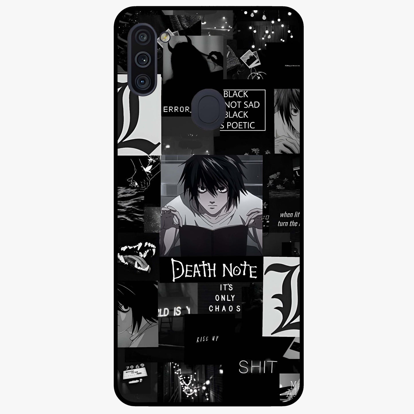 Midnight Chaos Mind Glass Case showing flat back view with abstract dark themed artwork and glossy glass finish.
