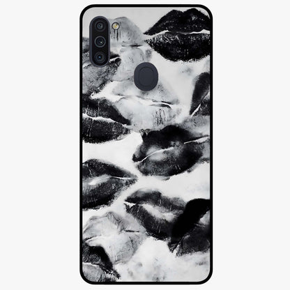 Midnight Kiss Marks Glass Case showing flat back view with lipstick kiss mark artwork and glossy glass finish.