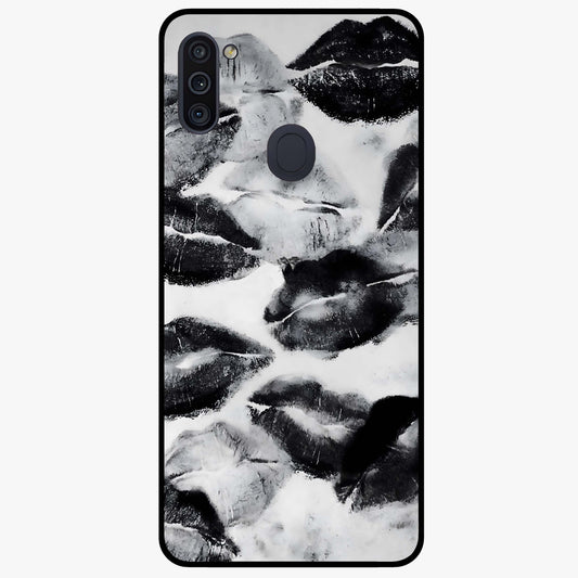 Midnight Kiss Marks Glass Case showing flat back view with lipstick kiss mark artwork and glossy glass finish.