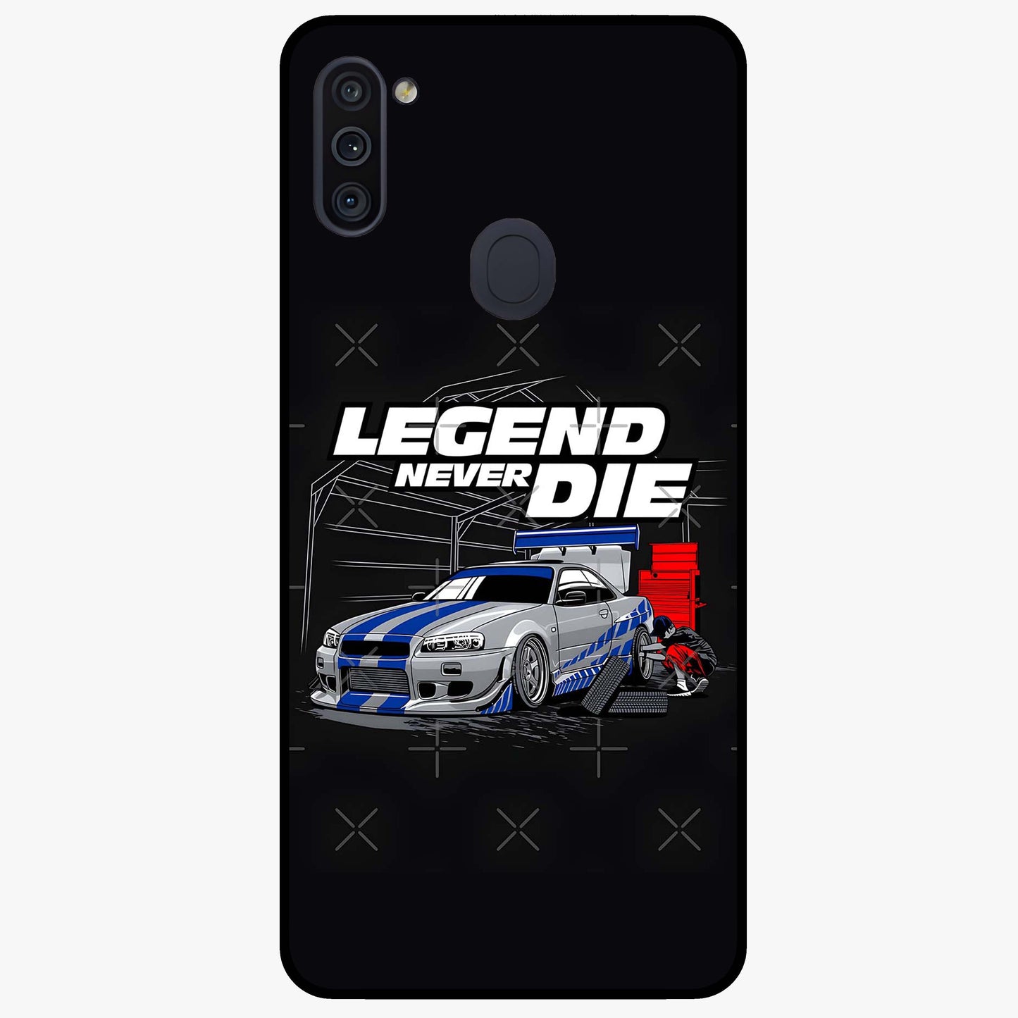 Midnight Racing Legacy Glass Case showing flat back view with sleek racing inspired artwork and glossy glass finish.