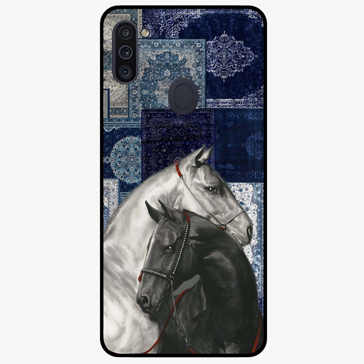 Midnight Stallion Blues Glass Case showing flat back view with majestic horse artwork and glossy glass finish.