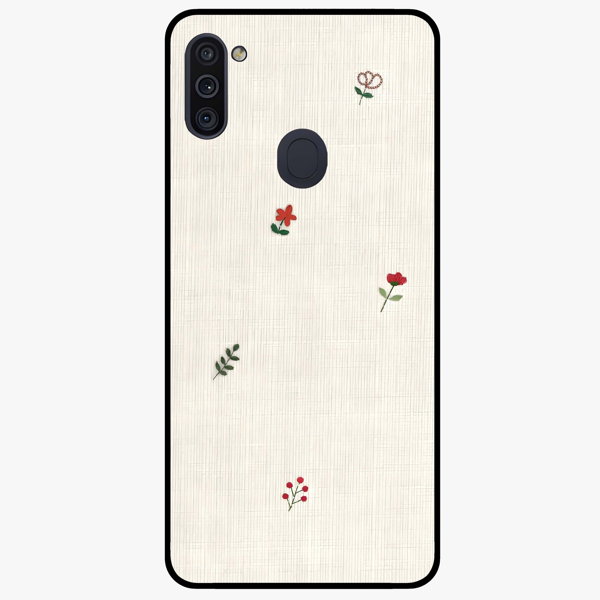 Minimal Petal Whispers Glass Case showing flat back view with soft minimal floral artwork and glossy glass finish.