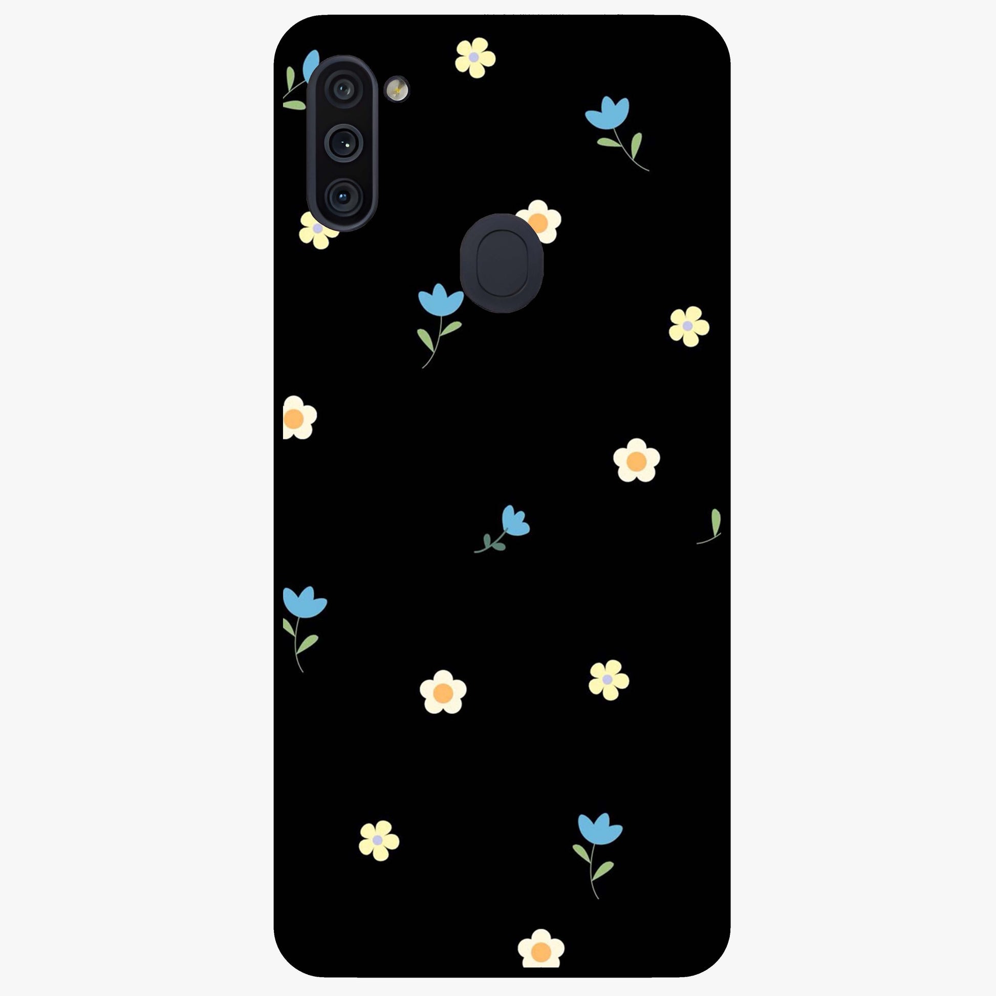 Minimalistic Blue With White Flower Pattern Glass Case showing flat back view with blue background and white flower pattern and glossy glass finish.