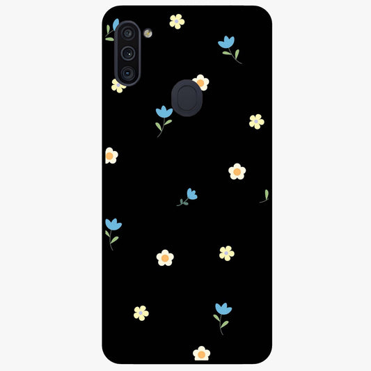 Minimalistic Blue With White Flower Pattern Glass Case showing flat back view with blue background and white flower pattern and glossy glass finish.
