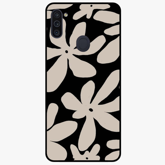 Monochrome Petal Dance Glass Case showing flat back view with monochrome floral artwork and glossy glass finish.