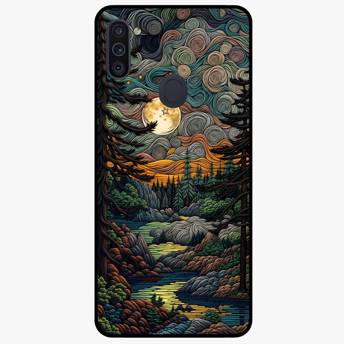Moonlight Forest Dream Glass Case showing flat back view with mystical forest moonlight artwork and glossy glass finish.