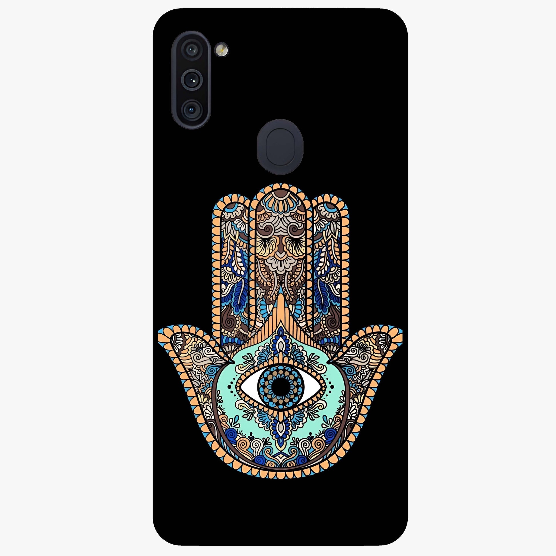 Mystic Hamsa Eye Glass Case showing flat back view with protective hamsa hand and evil eye artwork and glossy glass finish.