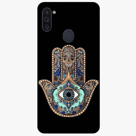 Mystic Hamsa Eye Glass Case showing flat back view with protective hamsa hand and evil eye artwork and glossy glass finish.