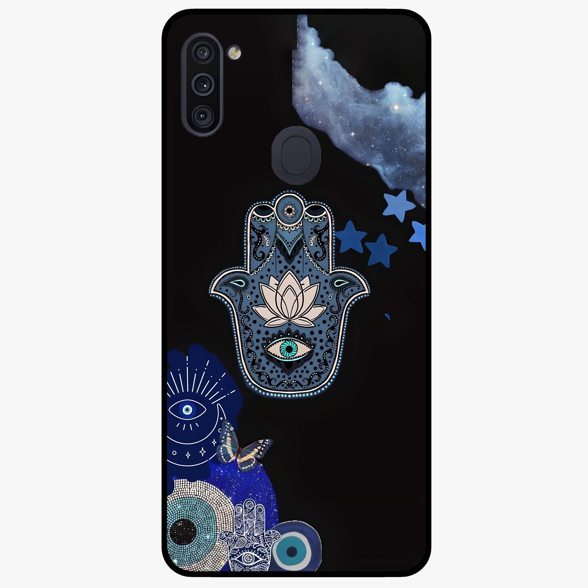 Mystic Hand Aura Glass Case showing flat back view with mystical hand symbol artwork and glossy glass finish.