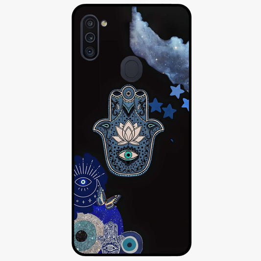 Mystic Hand Aura Glass Case showing flat back view with mystical hand symbol artwork and glossy glass finish.