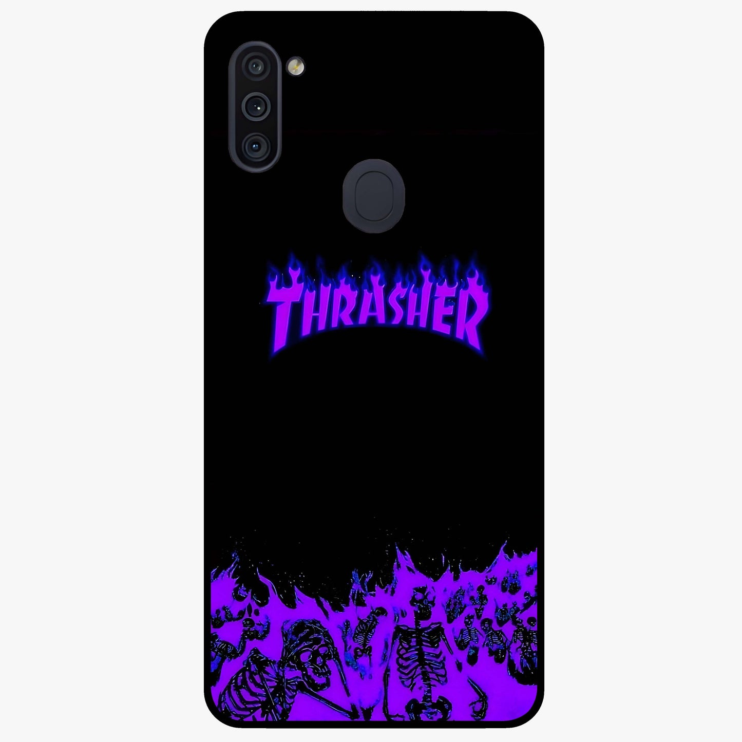Neon Flame Riot Glass Case showing flat back view with neon flame artwork and glossy glass finish.