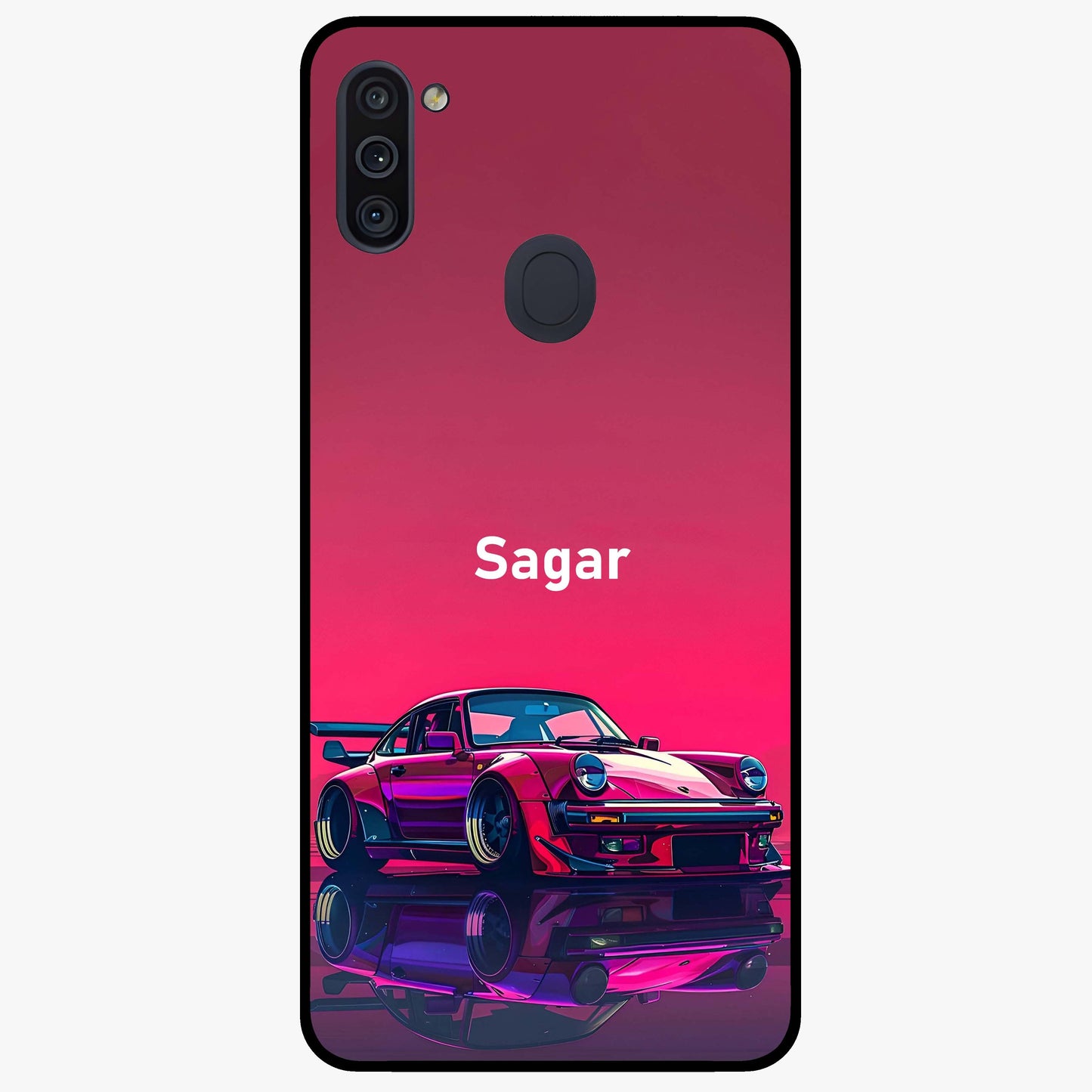 Neon Pink Porsche Glass Case showing flat back view with stylish sports car artwork and glossy glass finish.