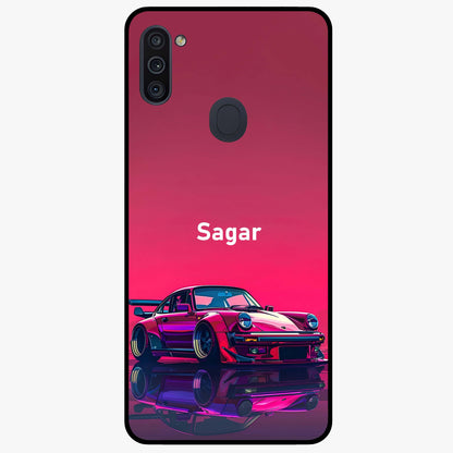 Neon Pink Porsche Glass Case showing flat back view with stylish sports car artwork and glossy glass finish.