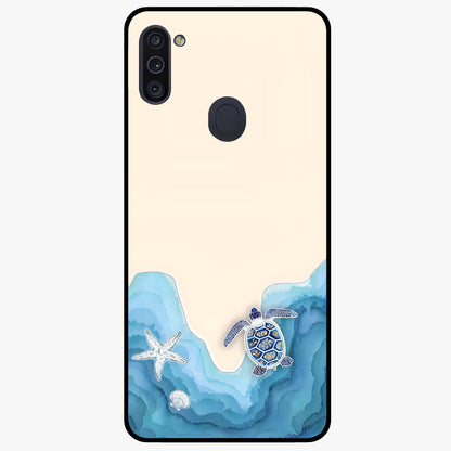 Ocean Drift Turtle Glass Case showing flat back view with sea turtle artwork and glossy glass finish.