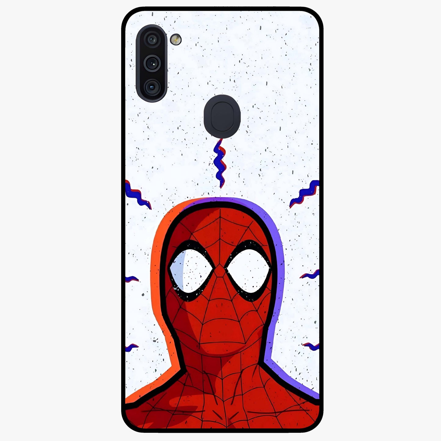 Omg Spiderman Glass Case showing flat back view with bold superhero inspired artwork and glossy glass finish.