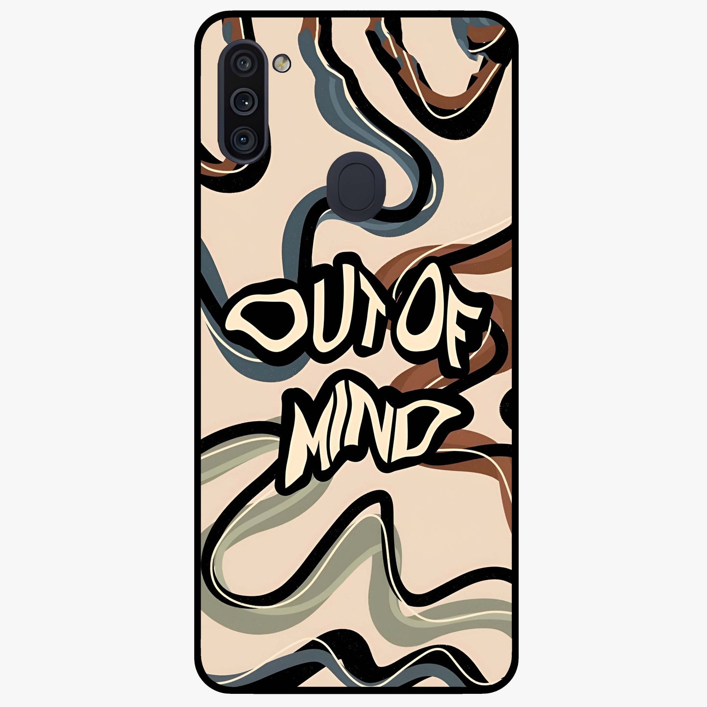 Out Of Mind Glass Case showing flat back view with expressive typography artwork and glossy glass finish.