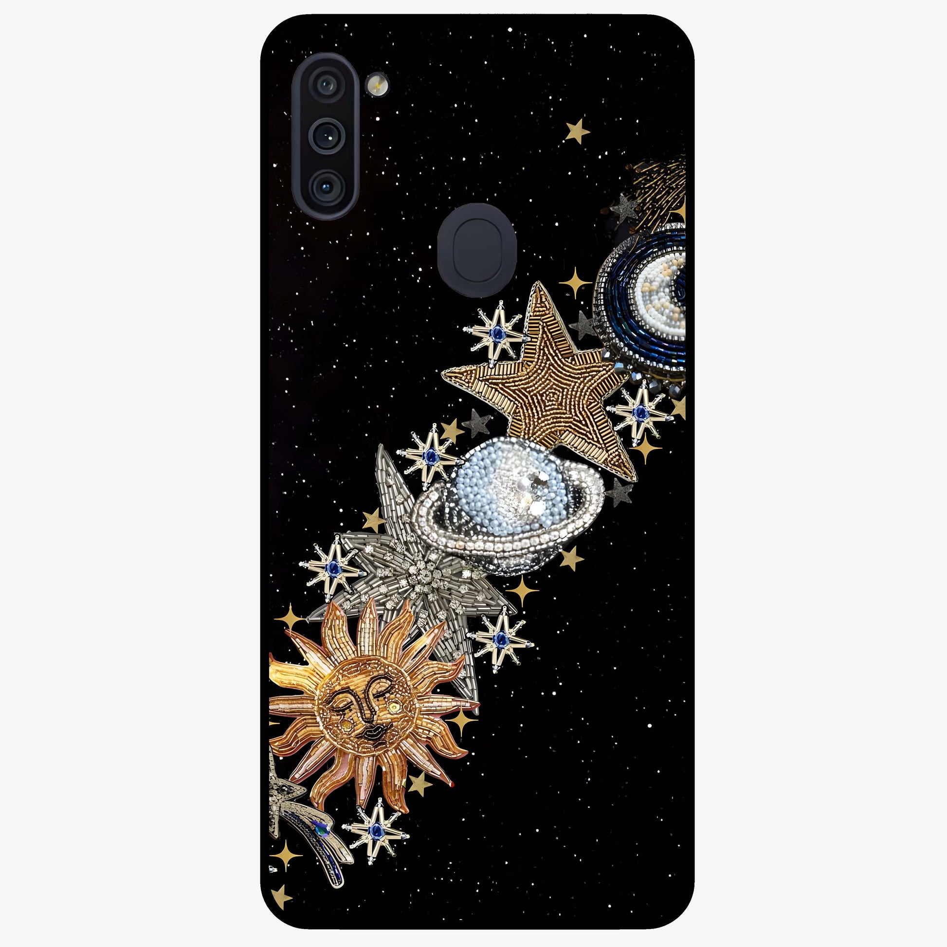 Pearls Universe Object Glass Case showing flat back view with pearl inspired cosmic artwork and glossy glass finish.