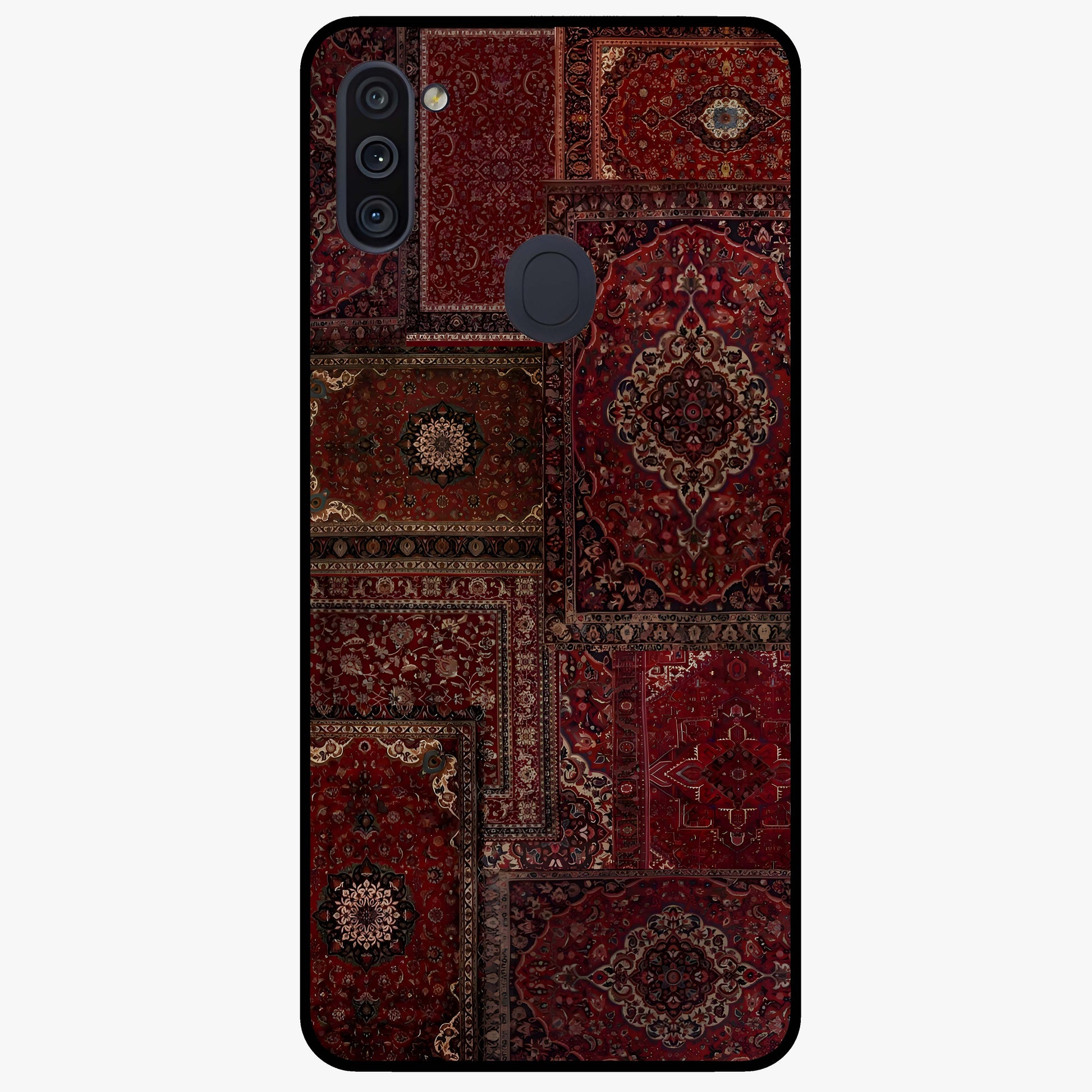 Persian Velvet Tale Glass Case showing flat back view with luxurious Persian velvet pattern artwork and glossy glass finish.