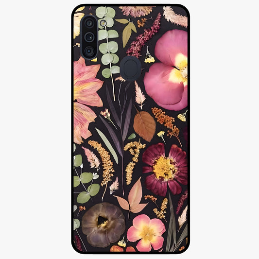 Petal Dream Tapestry Glass Case showing flat back view with intricate floral tapestry artwork and glossy glass finish.