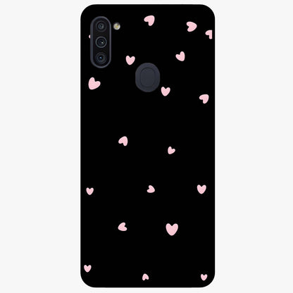 Pink Love Drops Glass Case showing flat back view with playful pink heart drops artwork and glossy glass finish.