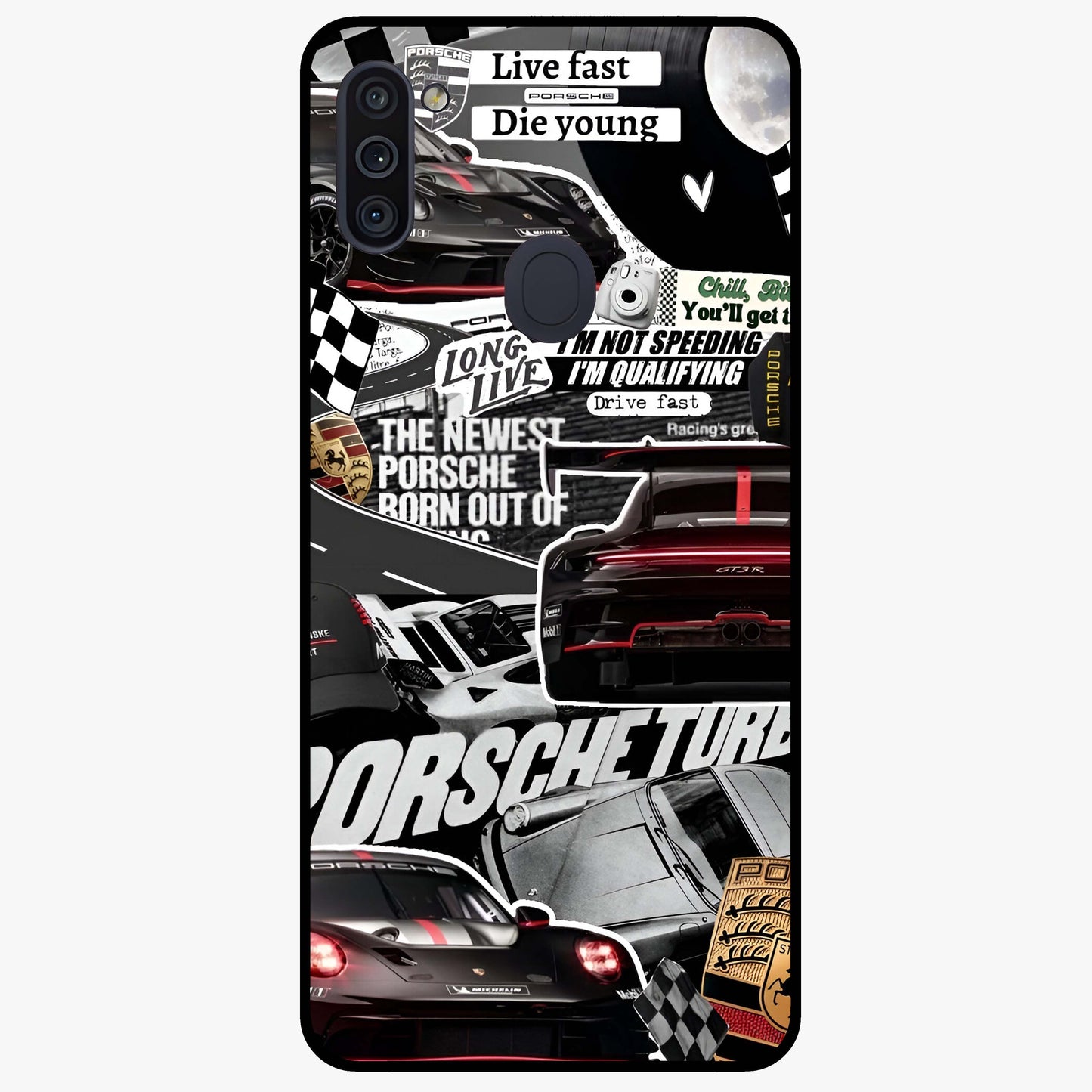 Porsche Racing Collage Glass Case showing flat back view with sports car racing collage artwork and glossy glass finish.