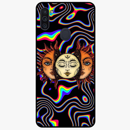 Psychedelic Sun Glass Case showing flat back view with colorful psychedelic sun artwork and glossy glass finish.
