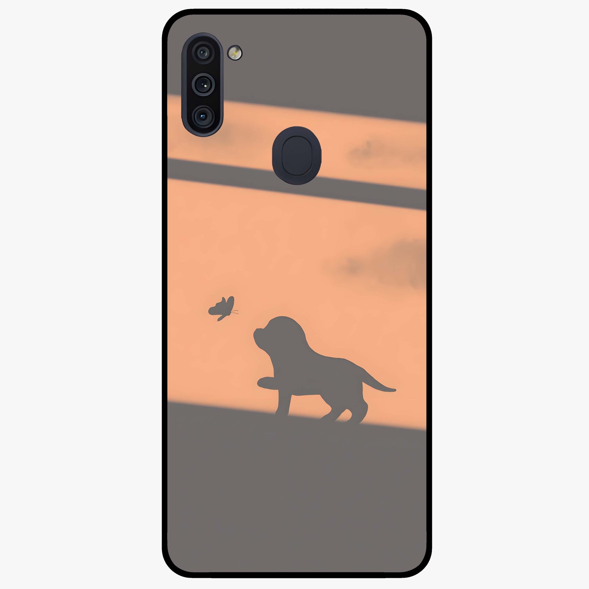 Puppy Shadow Art Glass Case showing flat back view with cute puppy shadow style artwork and glossy glass finish.