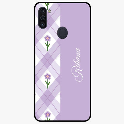 Purple Diamond Floral Glass Case showing flat back view with diamond shaped floral artwork and glossy glass finish.