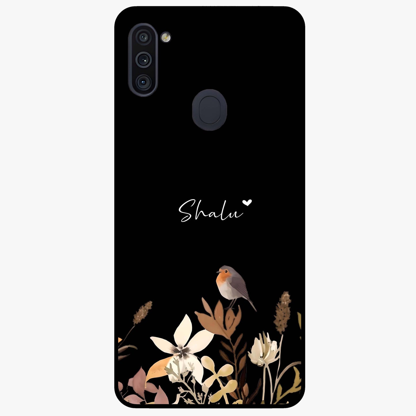 Quiet Garden Tune Custom Name Glass Case showing flat back view with peaceful garden artwork and personalized name design.