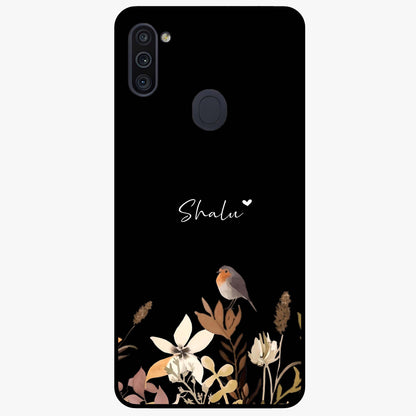 Quiet Garden Tune Custom Name Glass Case showing flat back view with peaceful garden artwork and personalized name design.