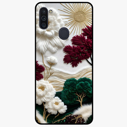 Radiant Bloom Elegance Glass Case showing flat back view with elegant blooming flower artwork and glossy glass finish.